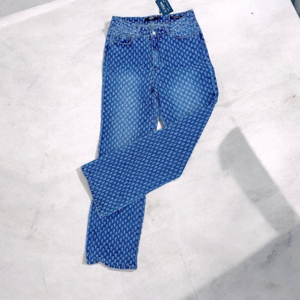 Jaded London Blue Straight Leg Jeans with Playful Pattern